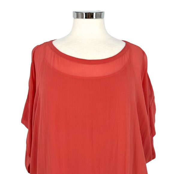 Eileen Fisher Sheer Overlay Top Tunic Length Short Sleeve Rust Peach Size Large - Picture 2 of 10